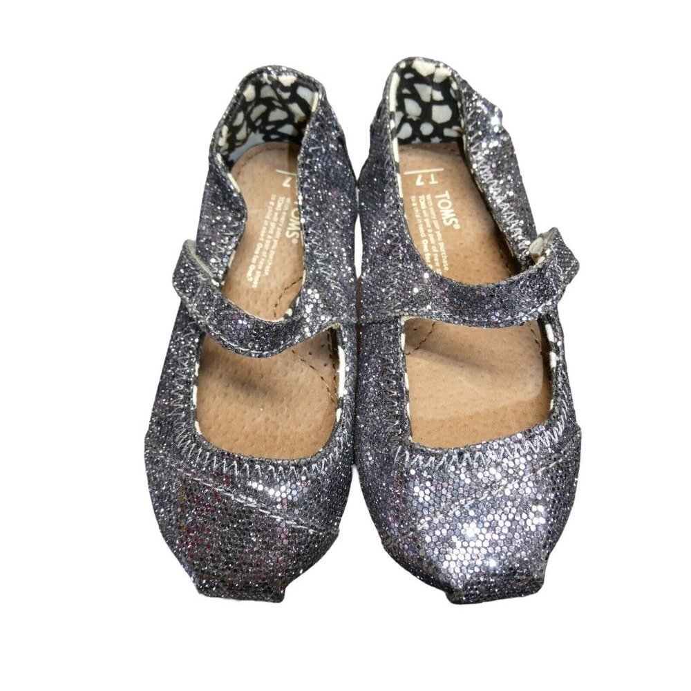 Toms Girls Toddler Size T 7 Mary Jane Shoes Silver Sparkle Glitter Holiday